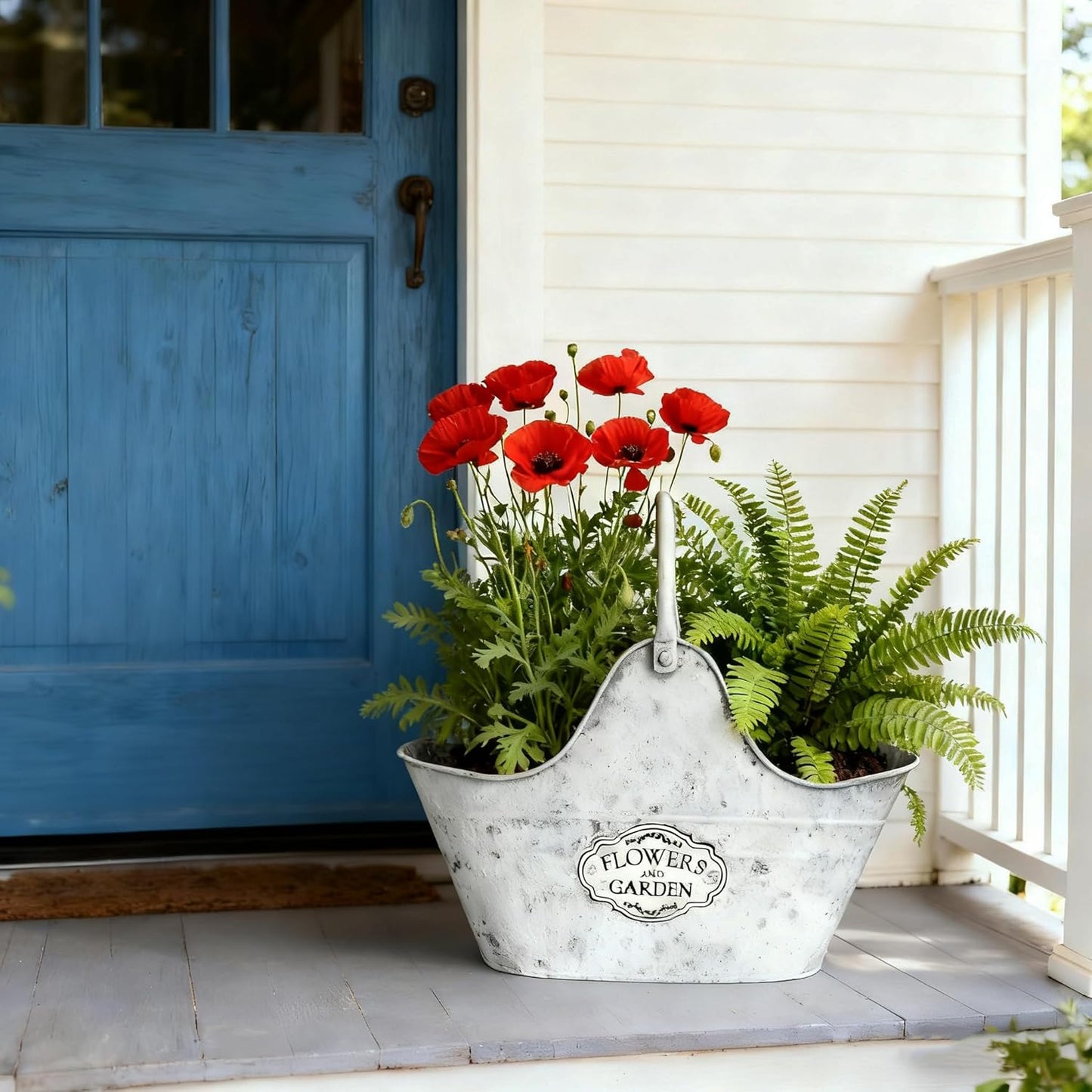 Set of 2 Vintage Metal Planter Pots, "Flowers and Garden" Distressed White Hanging/Tabletop Flower Pots with Handle, Rustic Farmhouse Planters for Indoor Outdoor Succulents, Herbs, Home Decor