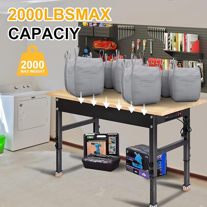 48" Adjustable Work Bench, Rubber Wood Top Workbench Heavy-Duty Work Table with Power Outlet, 2000 LBS Load Capacity Hardwood Work Benches for Garage, Workshop, Home, Office, Easy Assembly