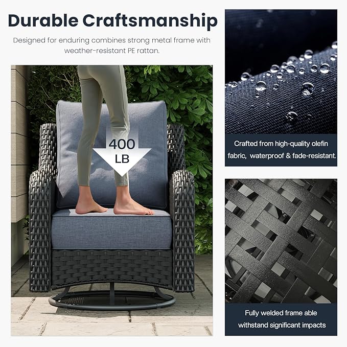 3 Pieces Outdoor Patio Furniture Sets with Single Chairs with 6-inch Thick Cushion and Side Table for Deck Lawn