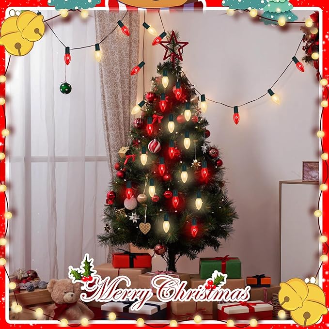 25FT C9 Christmas Outdoor Lights,Red and Frosted White Christmas Lights with 26 Bulbs(1 Spare),Commercial Vintage Red White Christmas Lights for Tree Yard Garden Porch Party