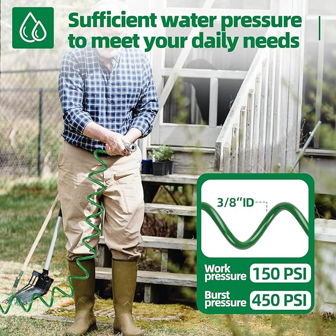 3/8" Lightweight Coil Garden Hose 50 FT, EVA Flexible Curly Water Pipes with 6-Pattern Spray Nozzle for Boat, Greenhouse, Yard, Patio, Green