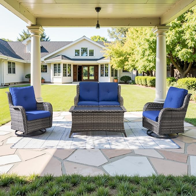 Outdoor Patio Furniture Set - 7 Piece Gray Wicker Conversation Patio Furniture Set All Weather Swivel Chairs with Ottoman and Loveseat Glider Chair for Deck Balcony Backyard