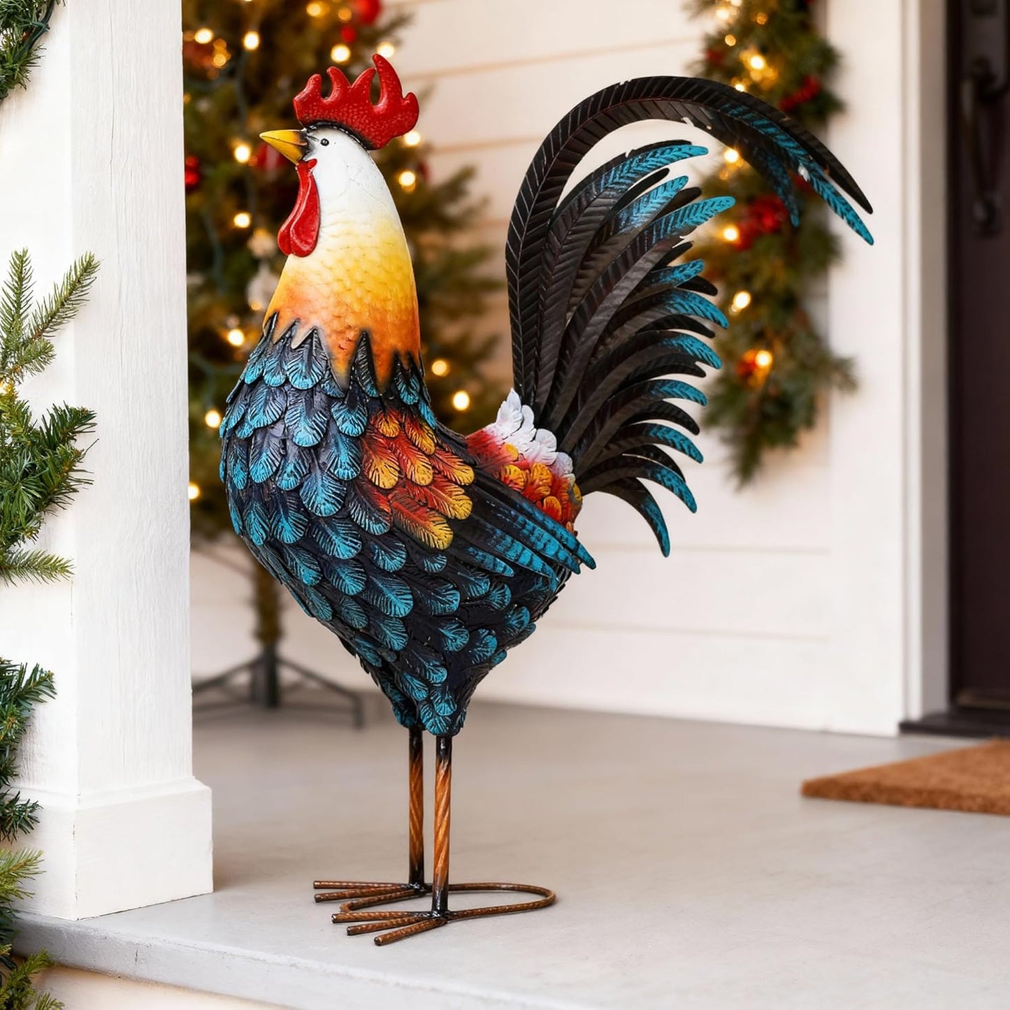 32in Metal Rooster Decor, Outdoor Garden Statues, Metal Chicken Sculpture for Backyard Patio Garden Kitchen Décor
