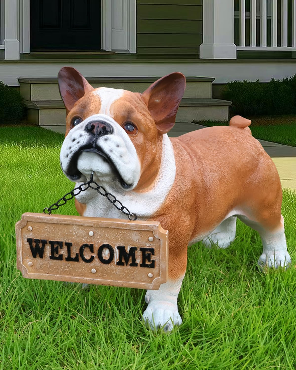 Bulldog Solar Welcome Statue, Hand-Painted Resin Standing Dog Figurine with Lantern and Dual Wooden-Style Signs, Loyal Guardian Sculpture for Garden and Porch Décor