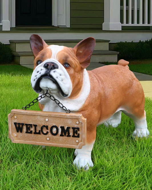 Bulldog Solar Welcome Statue, Hand-Painted Resin Standing Dog Figurine with Lantern and Dual Wooden-Style Signs, Loyal Guardian Sculpture for Garden and Porch Décor