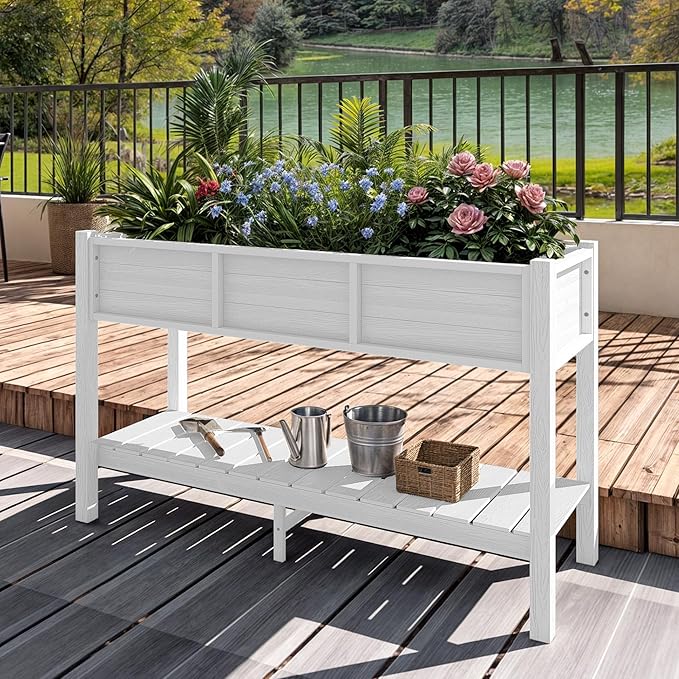 YITAHOME Raised Garden Bed, 47x18x31 Inch HIPS Poly-Wood Weather-Resistant Elevated Planter Box with Storage Shelf for Vegetable Flower, White