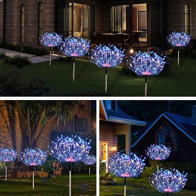5 Pack Outdoor Solar Garden Lights, Solar Firework Lights 600 LED Waterproof Lamps Decorative, Fireworks Lamp 8 Modes Landscape Lights with Remote for Pathway Backyard Walkway Patio Christmas Party