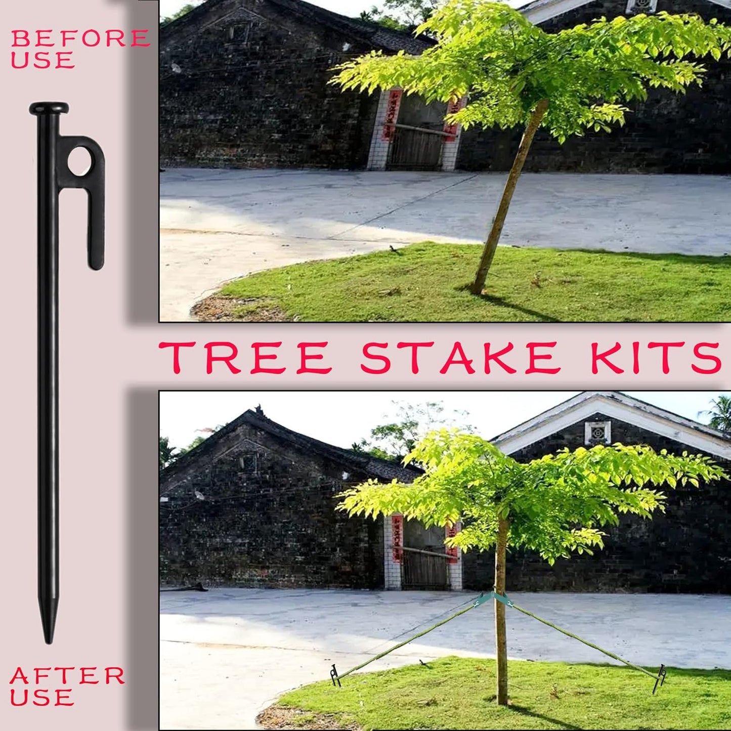 Tree Stake Kits, Tree Stakes and Supports Kits for Hurricane Protection & Bad Weather, Include 4 PCS 11.8" Heavy Duty Steel Tree Stakes, 4 PCS 15.8" Tree Straps and 4PCS 16.4FT Rope