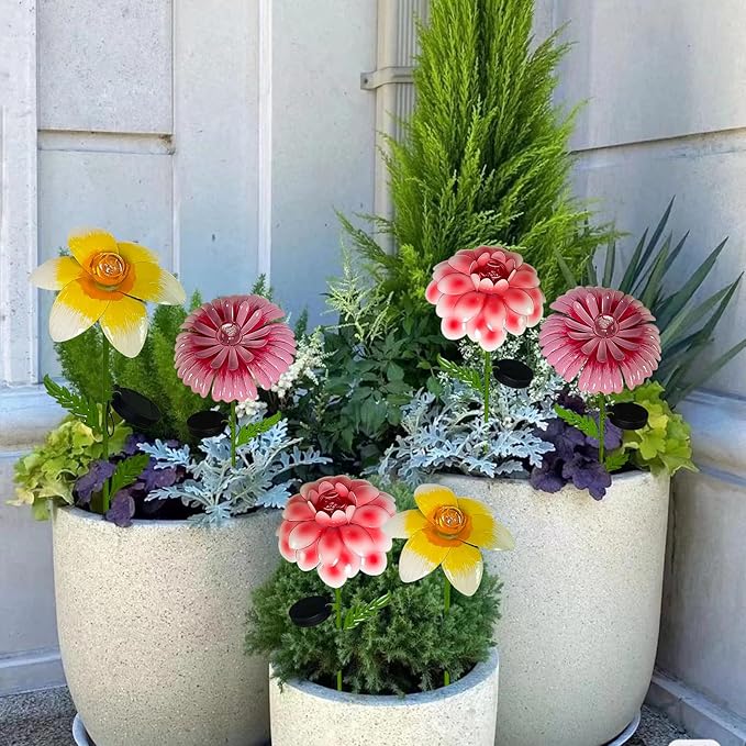 4Pcs 25" Solar Garden Decor for Outside, 3D Metal Flowers for Outside, Valentines Day Garden Stakes Decoration, Solar Lights Garden Decor, Yard Art for Lawn Patio Porch Gifts for Her