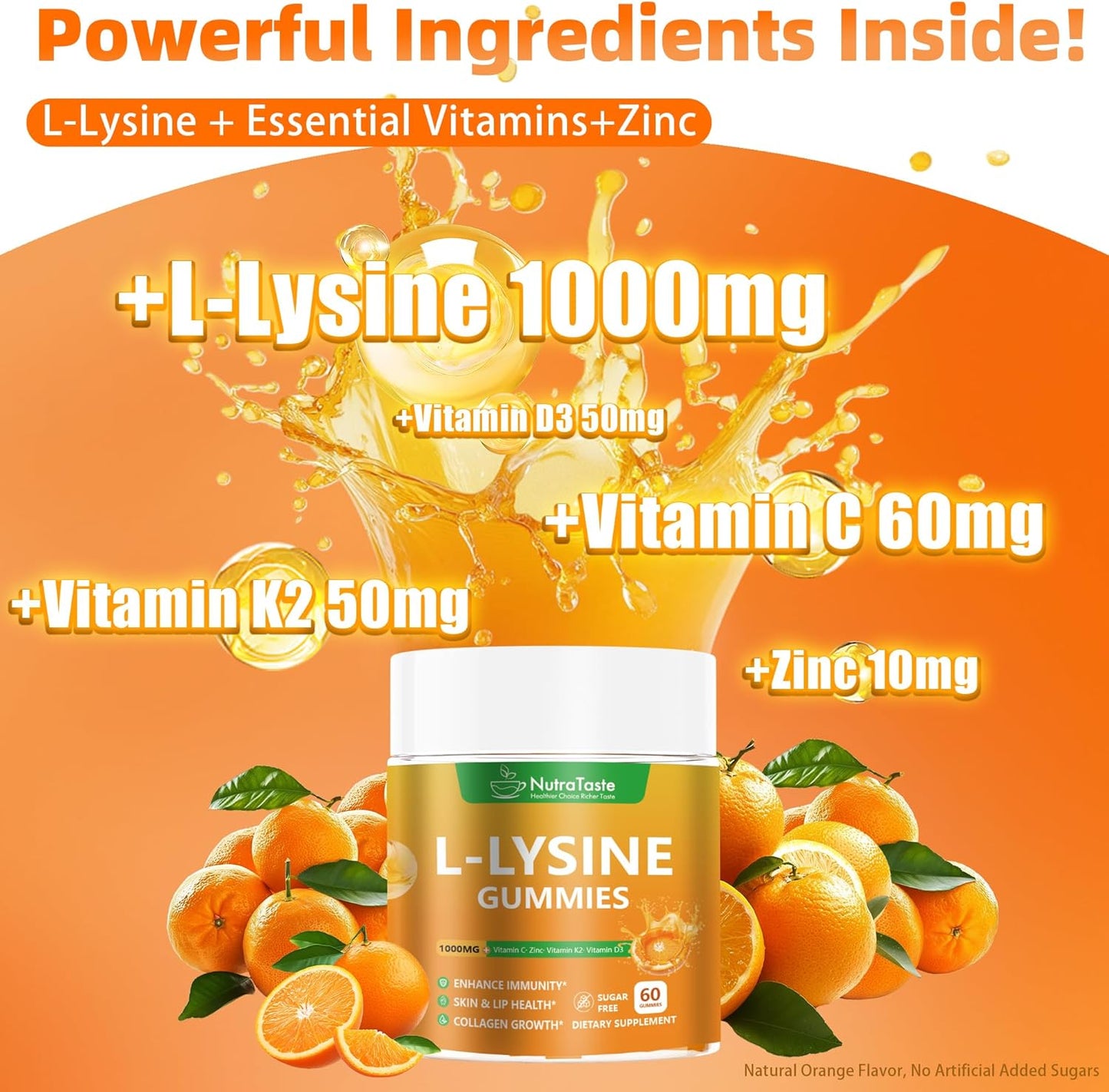 L-lysine Gummies 1000mg, Chewable Lysine Supplement with Vitamin C, D3, K2 & Zinc, Enhance Immunity, Lips & Skin Health, Collagen Growth, Sugar-Free, Gluten-Free, 60 Count (Pack of 1)