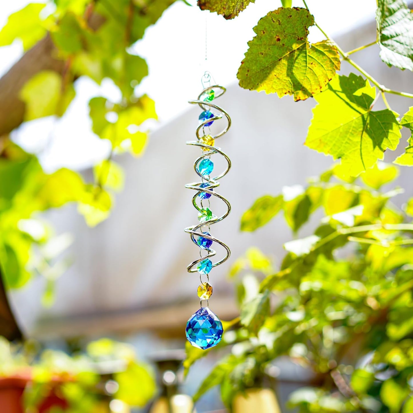 H&D HYALINE & DORA 20.5inch Gazing Ball Spiral Tail,Decorative Wind Spinner Sun Catcher,Rainbow Maker Double-Spiral W/Sea Blue Crystal Ball and Chain,Glass Crystals for Indoor Outdoor Decoration