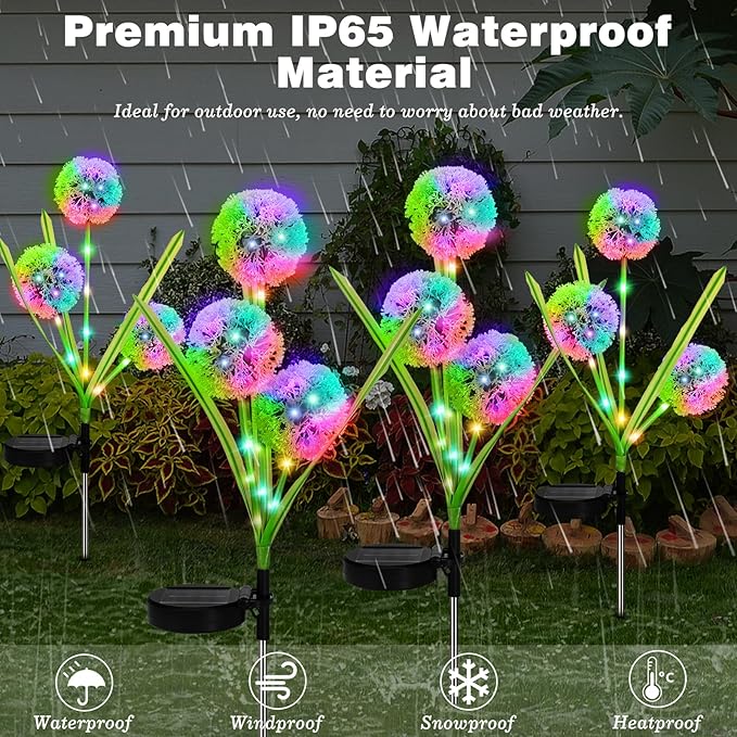 4 Pack Solar Garden Lights, Solar Flowers Lights with 4 Blooming Dandelion Flowers, Waterproof Solar Lights Outdoor for Yard Porch Patio Backyard Pathway Gardening Gifts, 2 Lighting Modes