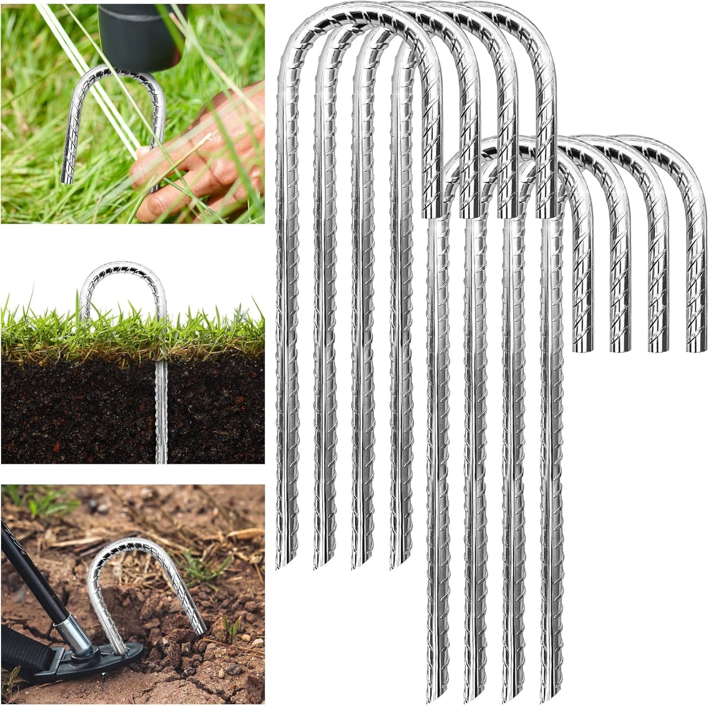 Pack 8 Galvanized Rebar Stakes, Heavy-Duty J Hook Anchor Stakes,Ground Stakes Tent Stakes Steel J Ground Anchors, Garden Ground Stakes for Position Kits,Fences, and Trampolines