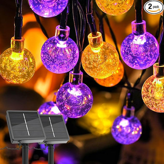 2 Pack Solar Lights Outdoor Waterproof, Total 72ft 120 LEDs Crystal Globe with 8 Modes, Solar Powered String Lights for Outside, Patio Garden Backyard Christmas Wedding Party Decor (Purple and Orange)
