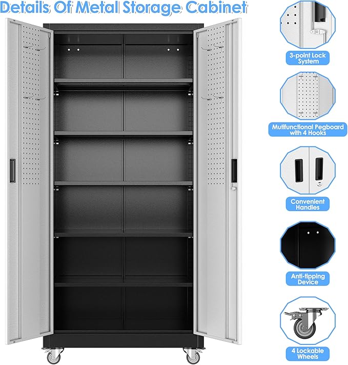 Metal Garage Storage Cabinet with Wheels & Pegboard, Lockable Metal Storage Cabinets with 2 Doors&5 Adjustable Shelves for Garage&Home,Assembly Required,Black Gray 71''H x32''W x16''D