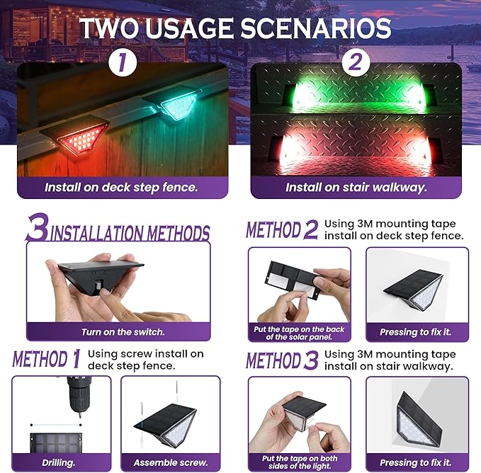 SOLPEX Solar Step Lights for Outside, 24 LEDs Solar Stair Lights Outdoor Waterproof Decor for Porch, Front Door, Stair, Step, Deck, Fence, Balcony, Patio, Wall, Yard, Garden(6 Pack,RGB)