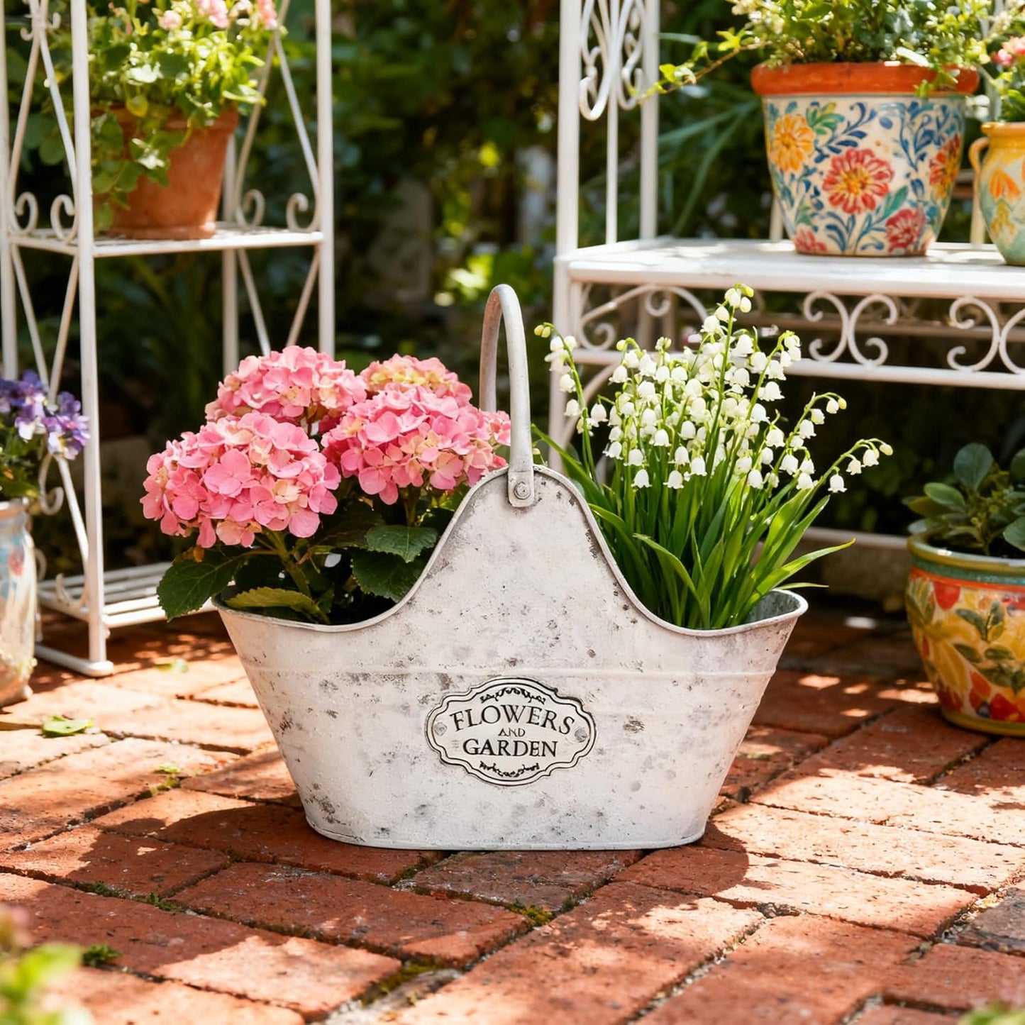Set of 2 Vintage Metal Planter Pots, "Flowers and Garden" Distressed White Hanging/Tabletop Flower Pots with Handle, Rustic Farmhouse Planters for Indoor Outdoor Succulents, Herbs, Home Decor