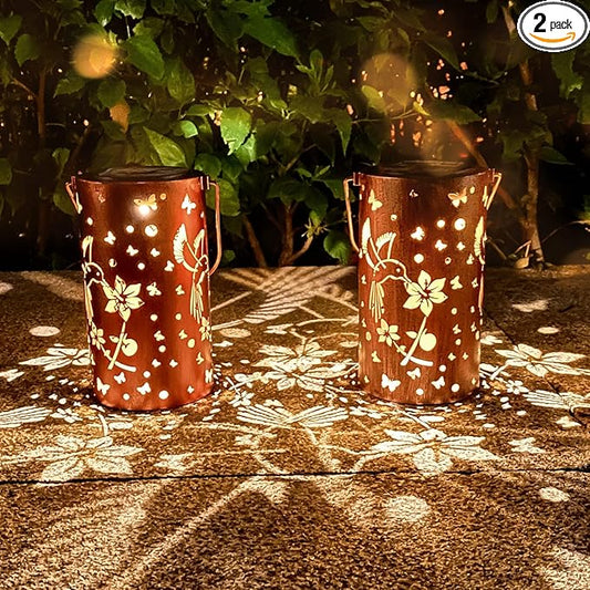 2 Pack Hummingbird Solar Lanterns Outdoor Hanging Lantern Lights, Hollowed-Out Metal Decor Lantern