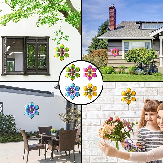 Gooyule Metal Flower Decor, 4-Pack Metal Floral Wall Decor 7 * 6.3 in Colorful Flower Wall Art Indoor Outdoor Hanging Wall Decor Set for Home Office Garden Yard
