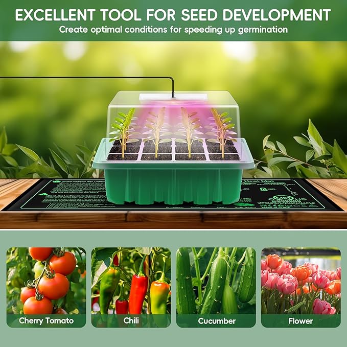 Verdenu Seed Starter Tray with Grow Lights and Heat Mat, 3 Pack 72-Cell Seedling Starter Kit with Humidity Dome, 3 Lighting Mode, 4 Dimming Level, Reusable Seed Germination Kit for Indoor Plant