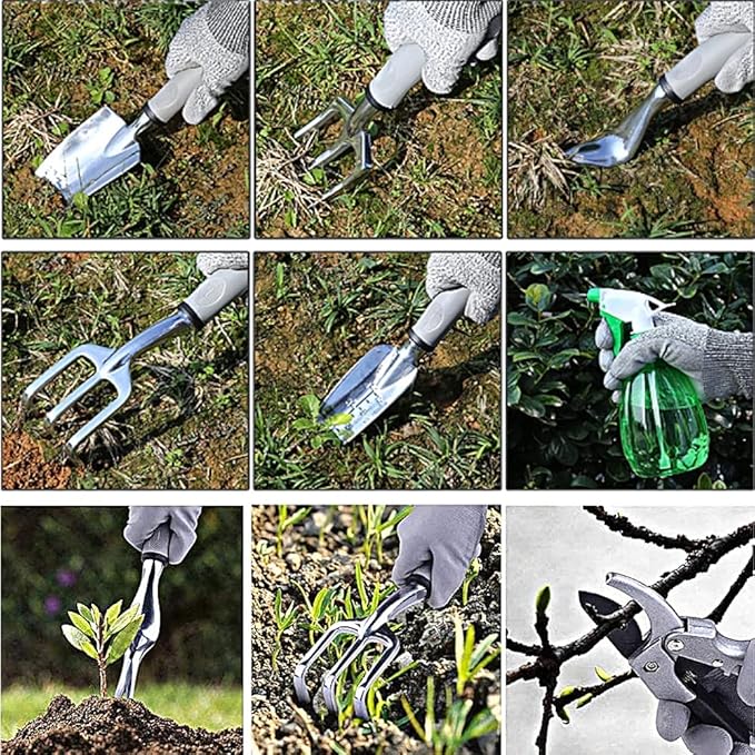 Garden Tools and Watering Set (9-Piece) | Heavy Duty Stainless Steel Hand Tool Kit with Ergonomic Handles, Gardening Gloves, and Tote Bag with Storage Pockets (Silver)