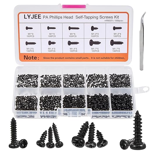 LYJEE Small Screws Assortment Kit, 1000pcs Miniature Phillips Replacement Screws for Glasses Watch Clock, 10 Kinds M1 M1.2 M1.4 M1.7 Phillips Head Self-Tapping Screws
