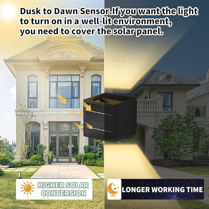 LANFU Solar Powered Motion Sensor Square Outdoor Wall Lights, Black Modern Up and Down Wall Lamps, IP65 Waterproof Warm White 3000K Wall Sconce Light Exterior for Fence Garden Outside