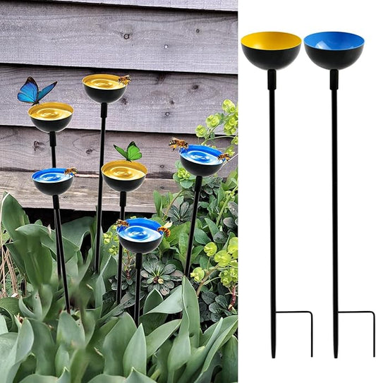 2 Pack Bee Cups For Garden, Bee Waterer And Butterfly Water Stations, Bee Water Catcher Cups For Thirsty Pollinators, Bee Bath, Colorful Metal Garden Sculpture Stakes Decor, Bee Houses For The Garden