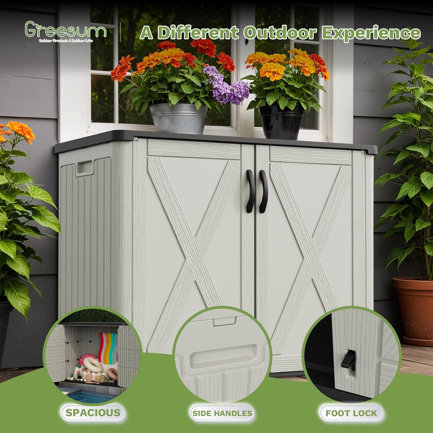 Greesum Outdoor Storage Cabinet, 25 Cu.Ft Deck Box Without Shelves, Waterproof Plastic Storage Bin for Patio Cushions, Gardening Tools, Lockable and Sidehandles, UV Resistant, Beige