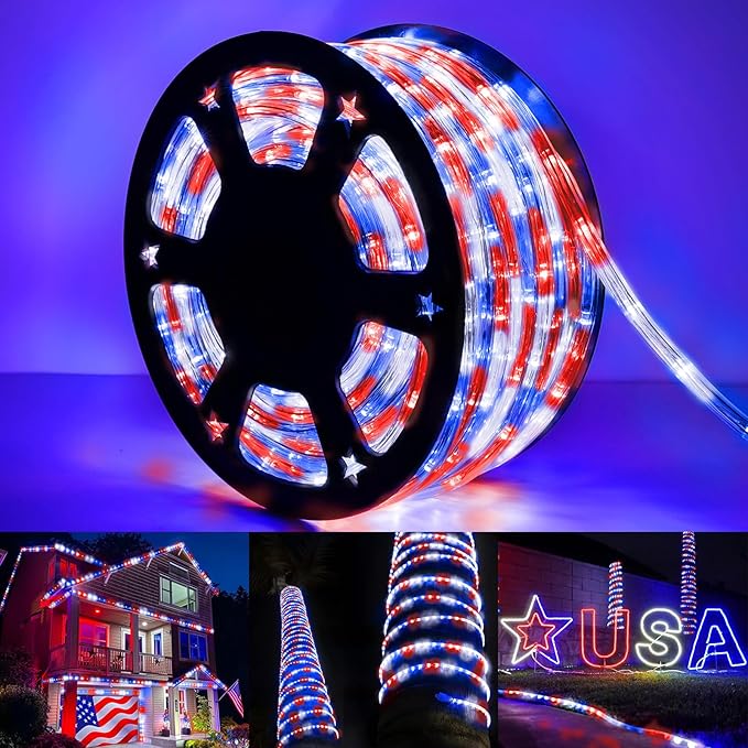 200ft LED Rope Lights Outdoor, 1440 LED Flexible Tube Lights with 8 Modes, Waterproof LED Rope Lighting for Independence Flag Day, Memorial Day, National Day, Outdoor,Indoor Decor (Red & White & Blue)