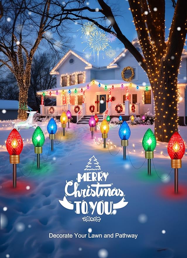 2 Pack Jumbo Lights C9 Christmas Pathway Lights Outdoor - 10.5 Feet 5 Lights Strawberry C9 Walkway Lights, C7 Lights Covered Jumbo Multicolor Light Bulb Outdoor Decorations for Lawn Garden Outside