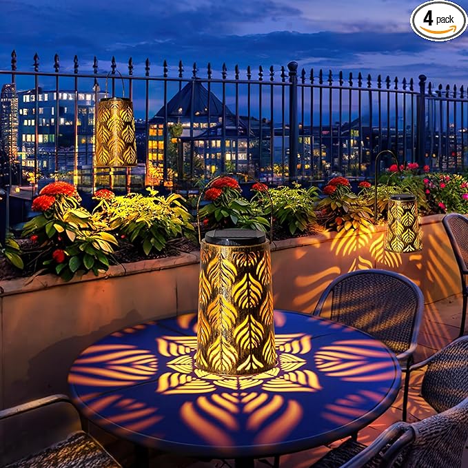 JSOT Solar Lanterns - Solar Hanging Lights for Outside Decorative Hanging Solar Lantern Vintage Solar Table Lamps Wall Mount for Front Porch Patio Tree (4 Pack)