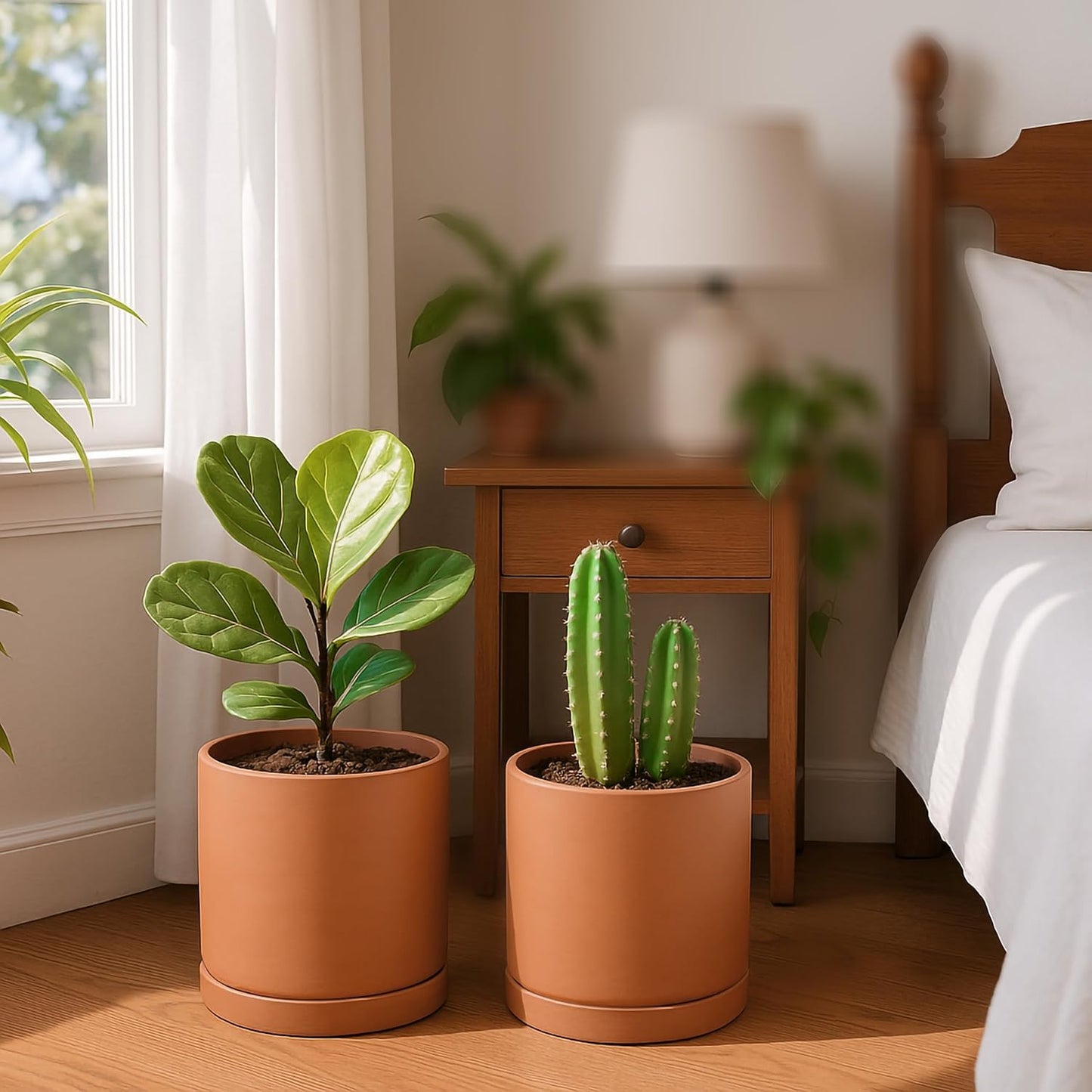 D'vine Dev Large 10 Inch Terracotta Plant Pot with Drainage Hole and Saucer, Round Cylinder Planter Pot for Indoor Plants, Set of 2, 40-X-B-5