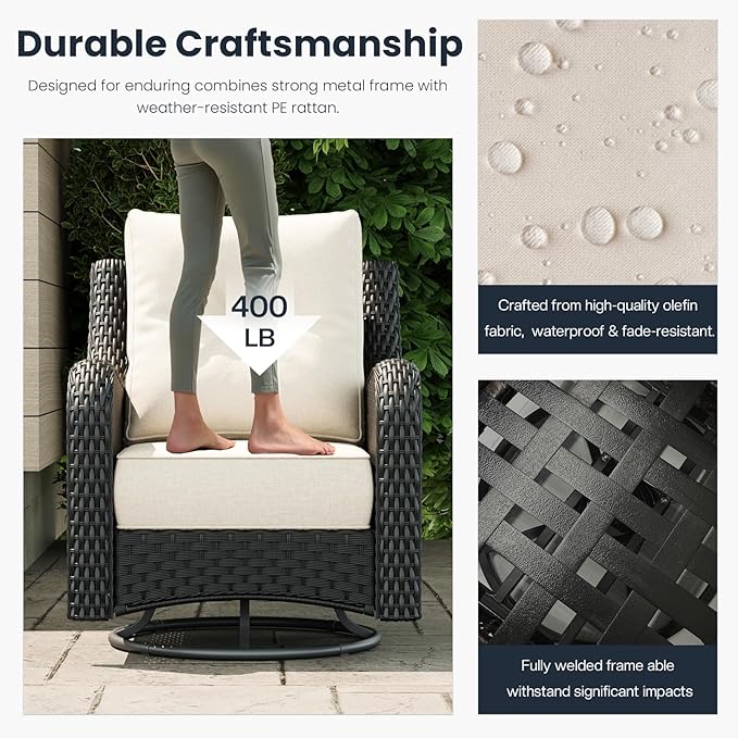 5 Pieces Outdoor Patio Furniture Sets with Rocking Swivel Chairs with 6-inch Thick Cushion and Fire Pit Table for Deck Lawn