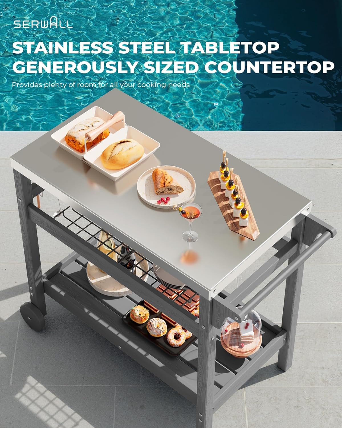 SERWALL Outdoor Grill Cart, HDPE Pizza Oven Stand Trolley Table with Wheels, Three-Shelf Movable Food Prep and Work Table, Grey