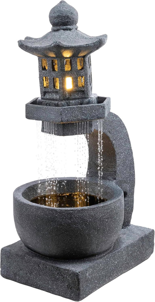Alpine Corporation DIG370 31" Outdoor Zen Pagoda Water Fountain with LED Lights & Illuminated Stone Bowl – Tranquil Garden Water Feature for Relaxation and Ambiance, Gray