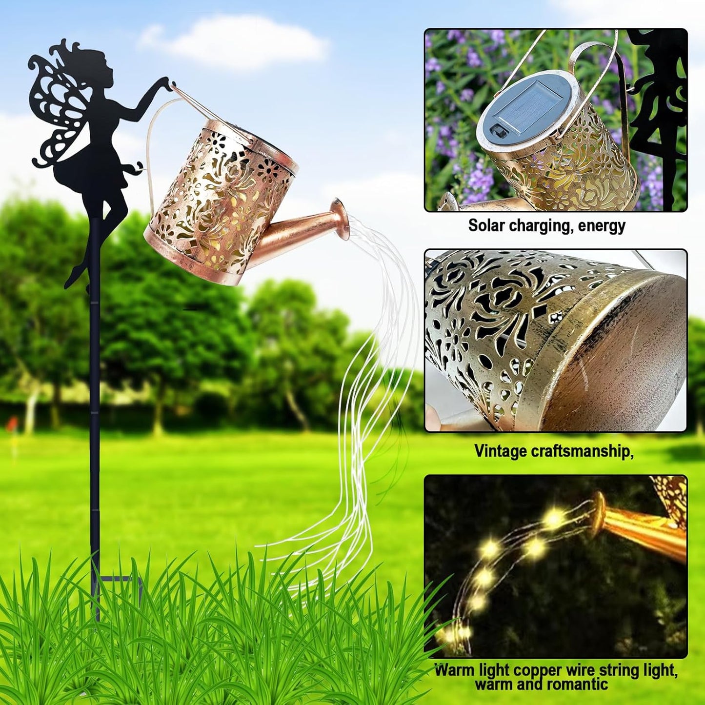 2 Pack Solar Garden Lights, Fairy Sprinkling Water Lights with 6x6 LEDs, Solar Powered Pathway Lights with Iron Fairy Decor for Yard, Garden, Patio Décor (2 Fairy Lamps)