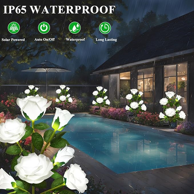 2 Pack Solar Garden Lights Outdoor, 7-Flower Rose LED Stake Light for Yard Patio Pathway Lawn Fence Cemetery, White