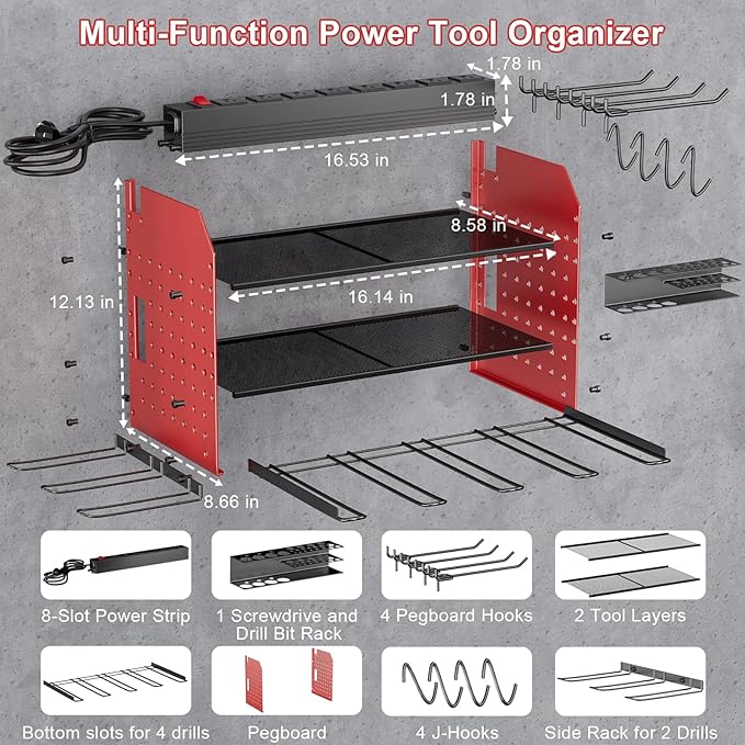 Power Tool Organizer with Charging Station, 6 Drill Holder Wall Mount, 3 Layer Garage Tool Organizer with Hooks, Screwdriver, Drill Bit Rack, Heavy Duty Utility Shelf for Garage, Gifts for Men