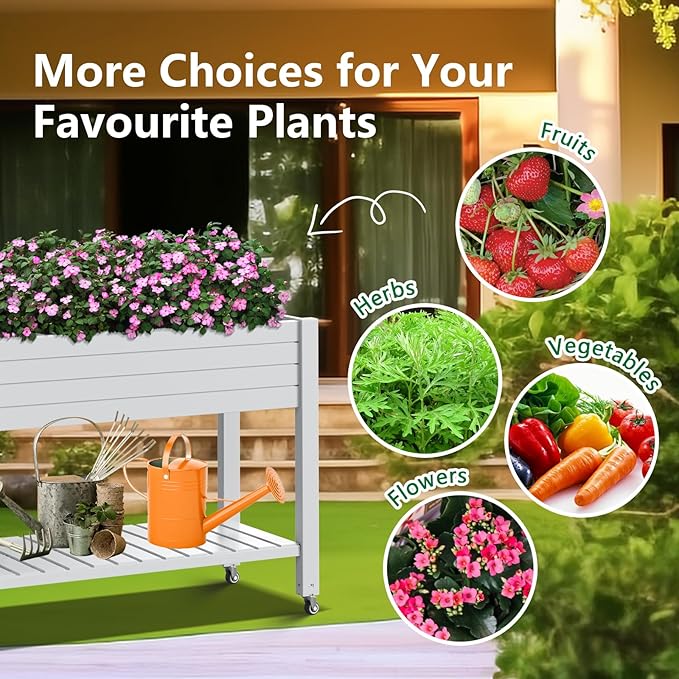 Elevated Horticulture Raised Garden Bed with Legs, Divisible Raised Resin Planter Box for Backyard, Patio, Balcony, with 4 Legs, 4 Swivel Lockable Wheels, and Storage Shelf,Ashen