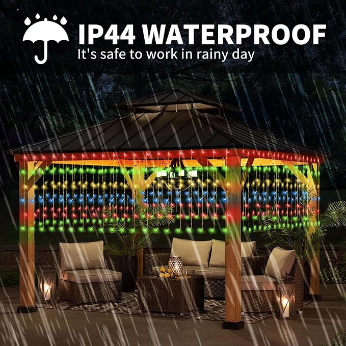 32.8 * 3.28FT Large Size Solar Curtain Lights Outdoor, 8 Modes Icicle Lights, Solar Garden Christmas Decortions for Patio, Gazebo, Eaves, Fence, Tree, Porch (Multicolor)