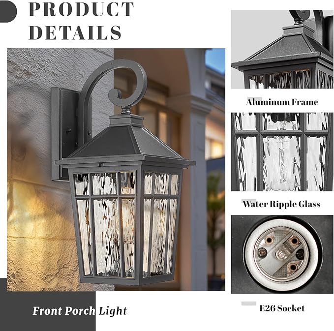 Outdoor Wall Lights 14 Inch Exterior Waterproof Lighting Fixtures Aluminum Material and Water Ripple Glass E26 Socket Black Outdoor Lights for House Garages