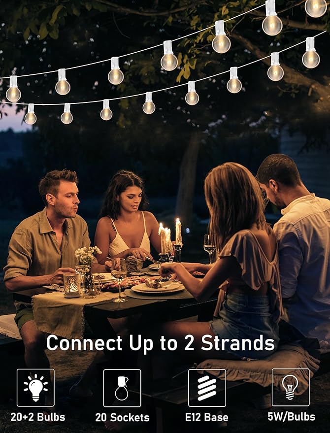 50FT Outdoor White String Lights with 20 Clear Bulbs, G40 Globe Patio String Lights for Indoor/Outdoor, Connectable Hanging Lights for Backyard Porch Balcony Party Decor - White Wire