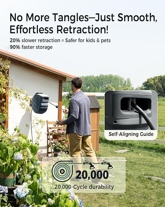 Retractable Garden Hose Reel 5/8 in x 90 ft, 2025 Upgraded Dual Ratchet Lock UV & Freeze Protection Brass Seal Slow Retraction Anti-Tangle Hose 180°Swivel Reinforced Scaffold Wall Mount