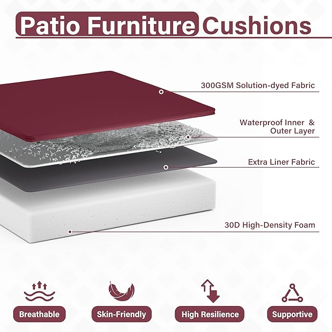 Patio Chair Cushions 17 X 16 X 3 Inch Waterproof Outdoor Seat Cushions for Patio Furniture, Outdoor Sofa Couch Pads with Ties & Handle, Set of 2, Burgundy