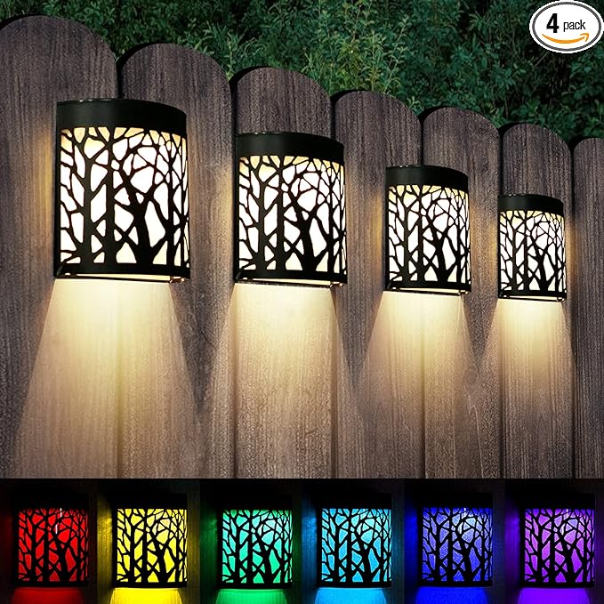 DenicMic Solar Wall Lights Outdoor Wall Sconce Fence Lighting for Patio Front Door Yard Deck Stair Led Forest Decorative Lamps, Waterproof, Warm White/Color Changing (4 Pack)