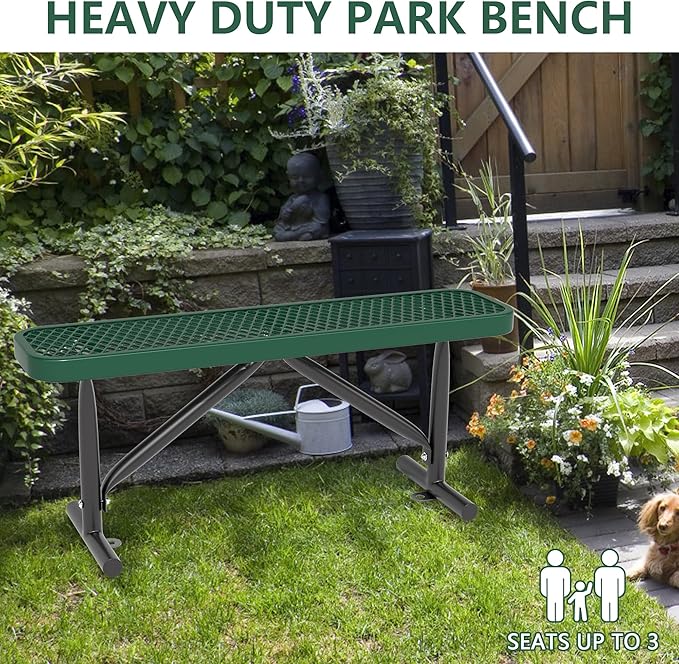48" L Outdoor Steel Flat Bench, Heavy Duty Metal Park Bench for Outside, Expanded Metal, Commercial Benches Mesh Bench for Shopping Mall, Store, Lawn, Park, Patio, Deck, Garden (Green, 4FT)