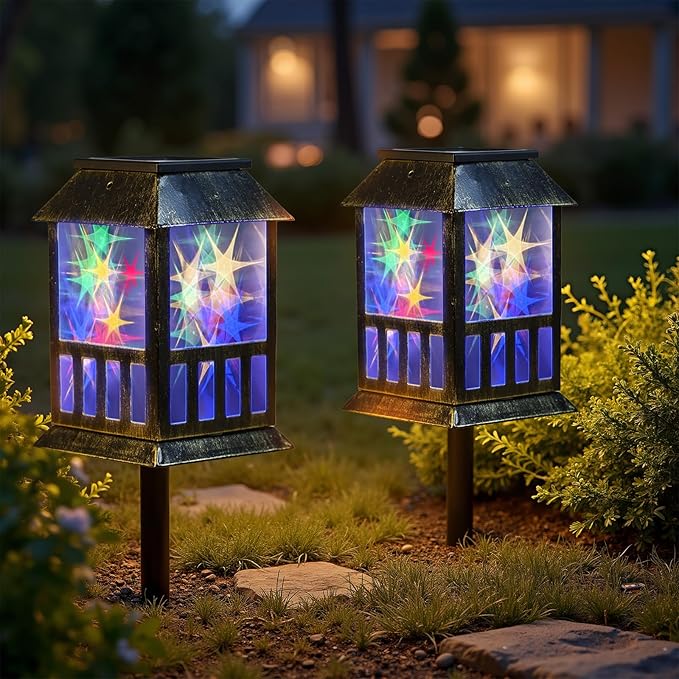 Solar Lanterns Outdoor Waterproof, 3D Star Lantern Light with Flashing Mode, Solar & USB C Charging, Metal Hanging Lantern for Wall Landscape Yard Patio Garden Driveway, RGB Light 2 Pack