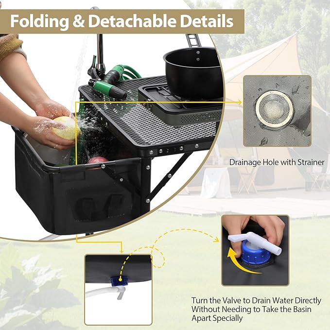 REDCAMP Portable Grill Table with Sink for Outside, Lightweight Aluminum Frame Folding Grill Stand Table with Adjustable Height for Camping Picnic Cooking BBQ, 36 x 20 x 31 in, Black