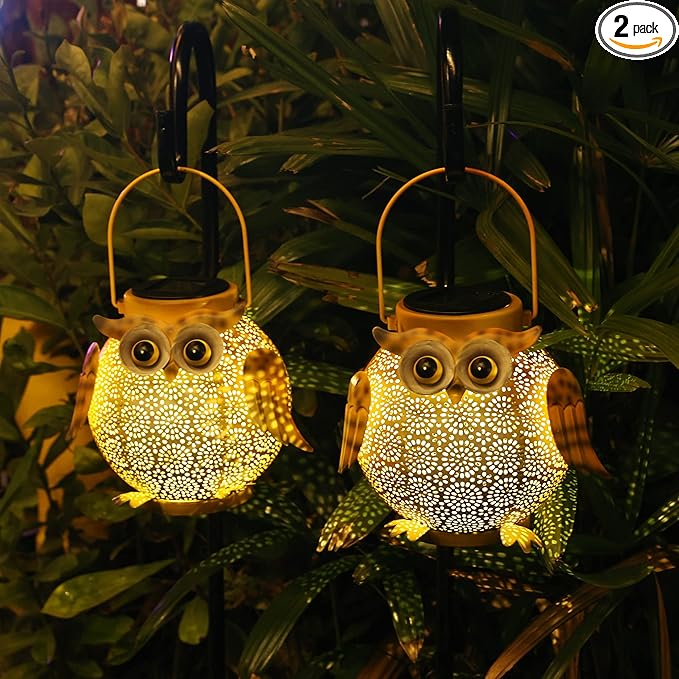 2 Pack Hanging Solar Lanterns - Garden Light Waterproof Metal Decorative Solar Lantern Lights Outdoor for Patio Yard Table Pathway with Owl Pattern